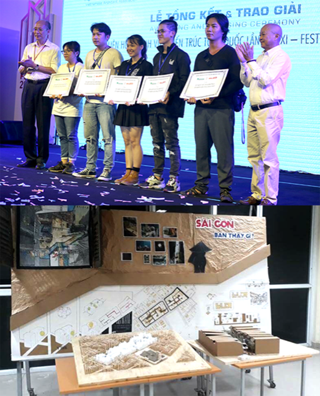 Sinh viên Phạm Quang Luận (thứ ba từ trái qua - ảnh trên) đến từ ĐH Duy Tân nhận giải Toàn năng cùng tác phẩm đoạt giải
