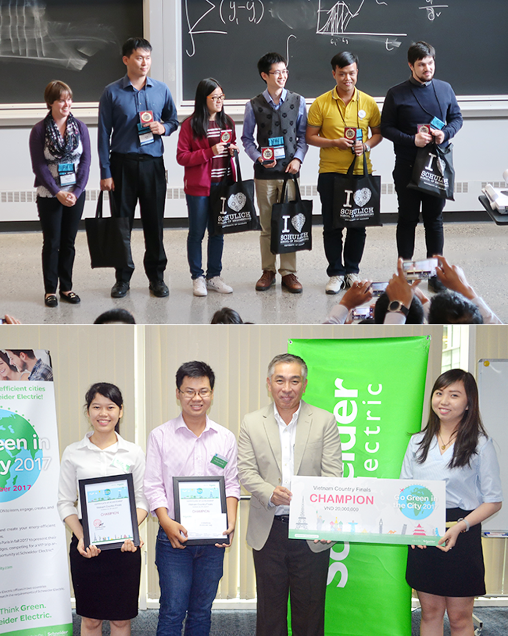 Sinh viên Lê Đình Nhật Khánh của ĐH Duy Tân (áo vàng) trong đội Vô dịch CDIO Academy 2017 (ảnh trên) và sinh viên Duy Tân đoạt giải Sản phẩm được Bình chọn nhiều nhất tại Microsoft Imagine Cup Châu Á 2018 (ảnh dưới)