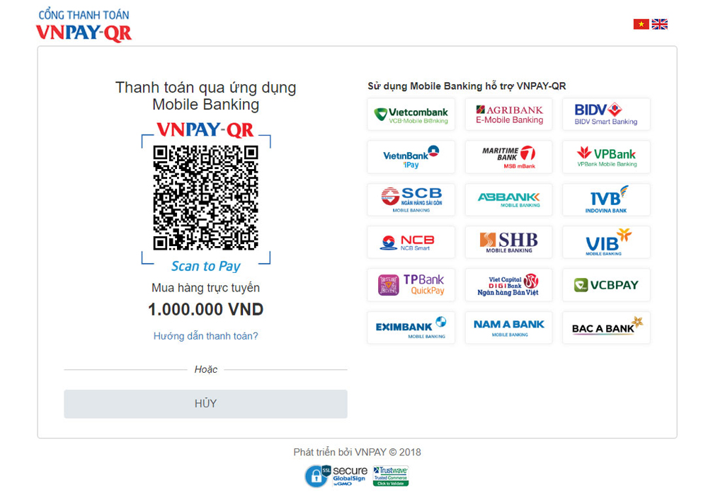A2 Một mã VNPAY-QR kèm theo số tiền sẽ hiển thị trên màn hình website thanh toán