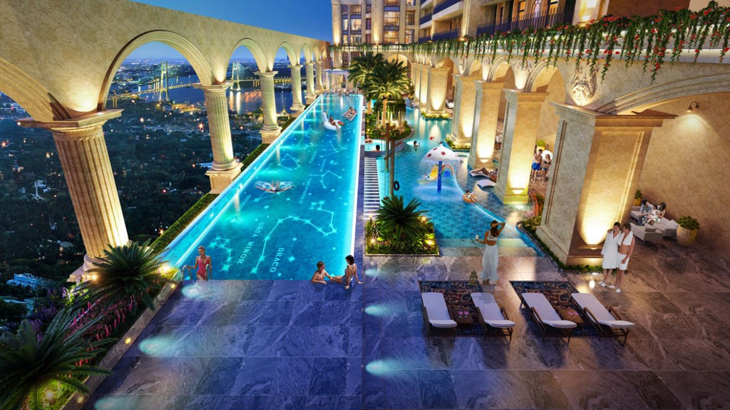 Rome by Diamond Lotus dành toàn bộ tầng 6 để mang đến một “resort tại gia” cho những vị chủ nhân danh giá, bao gồm hồ bơi khoáng mặn tràn bờ vô cực rộng 1.100 m2 và tổ hợp 16 tiện ích đẳng cấp 