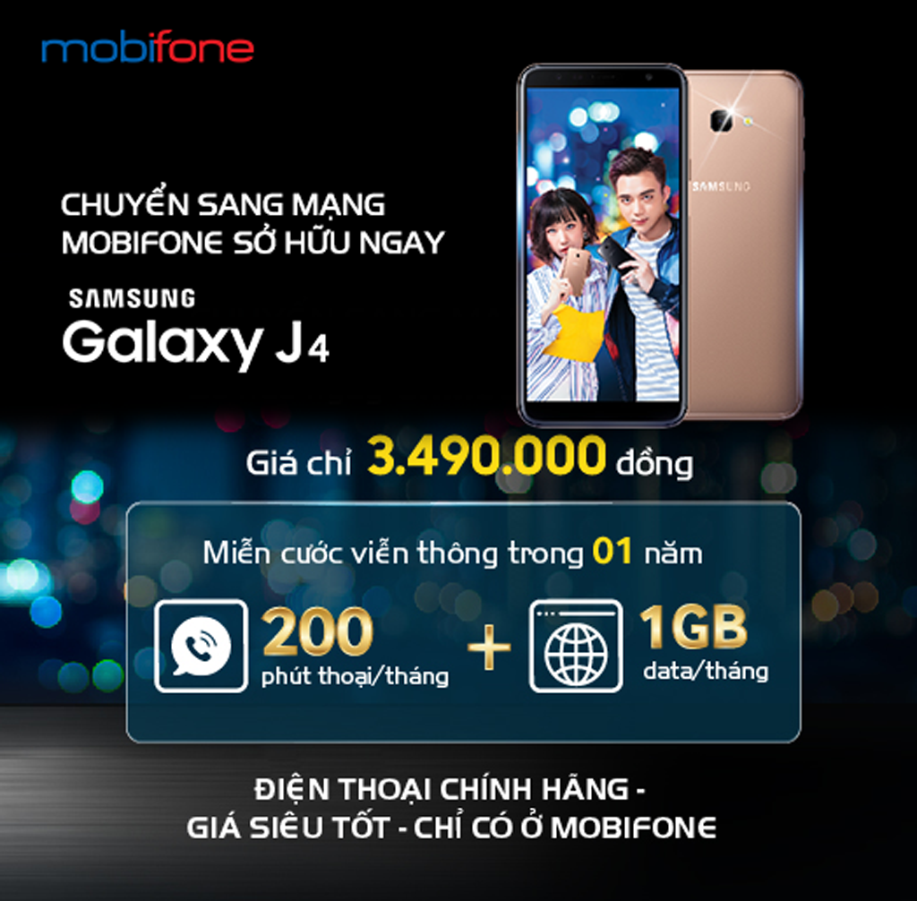 Cơ hội sở hữu điện thoại Samsung Galaxy J4+ chỉ với 1.990.000 VNĐ thay vì giá gốc 3.490.000 VNĐ khi chuyển sang mạng MobiFone, cùng nhiều ưu đãi hấp dẫn 