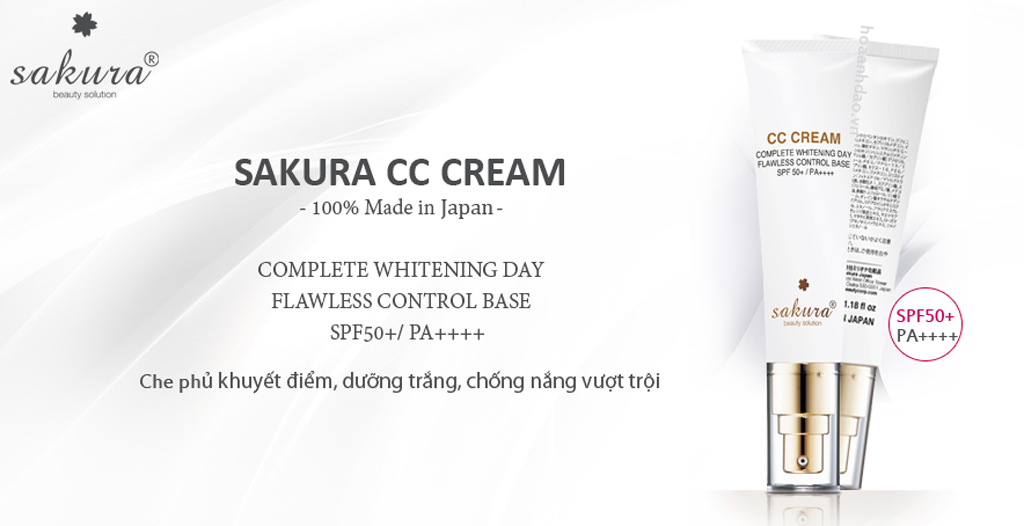 Kem chống nắng trang điểm Sakura CC Cream với SPF50+ PA++++ vừa chống được tia UVB vừa hạn chết được tác hại của tia UVA, lại chống nắng được trong thời gian dài, bảo vệ da không bị sạm nám