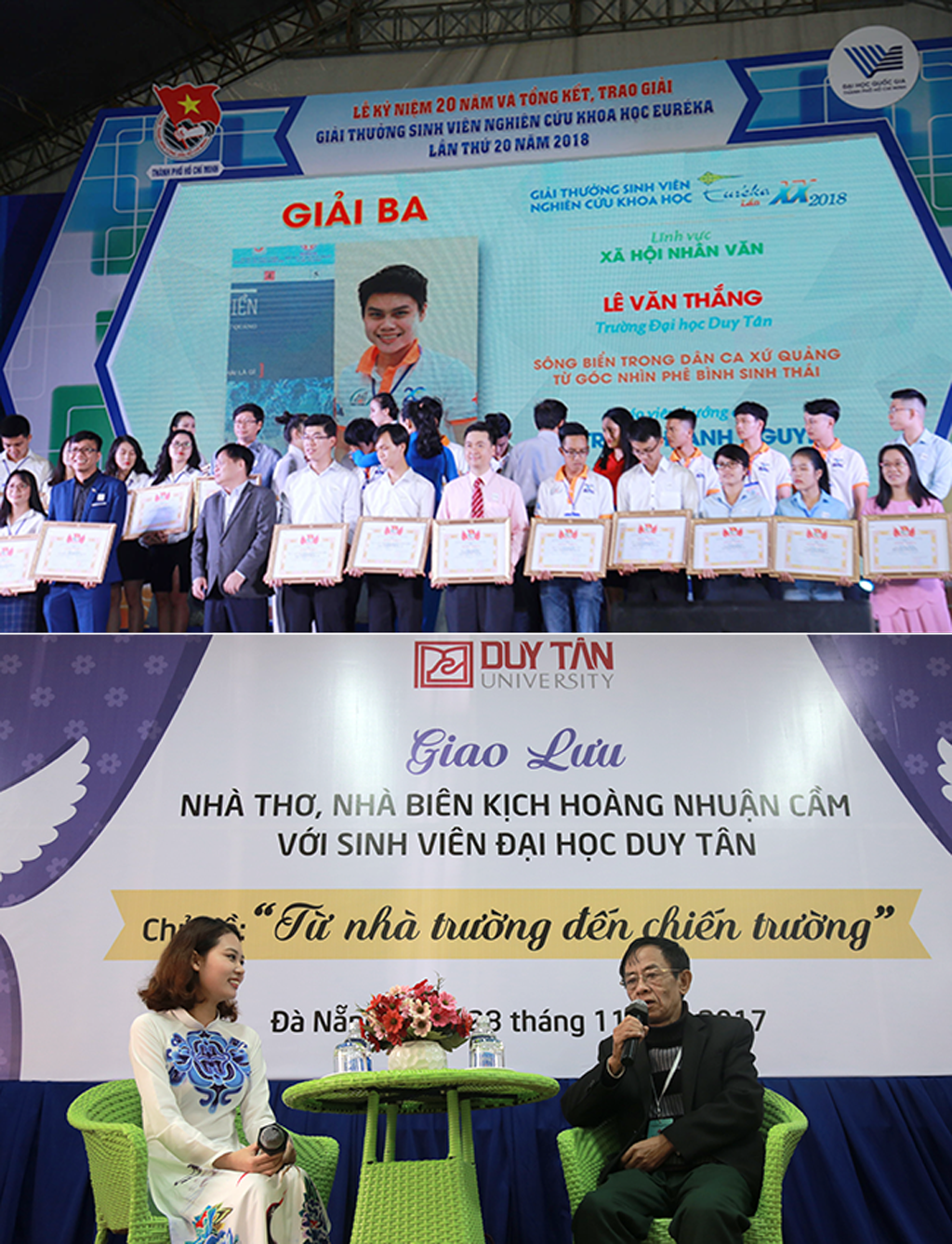 Sinh viên Duy Tân giành giải Ba giải thưởng Euréka 2018 (ảnh trên) và Nhà Biên kịch Hoàng Nhuận Cầm giao lưu với sinh viên Duy Tân (ảnh dưới)
