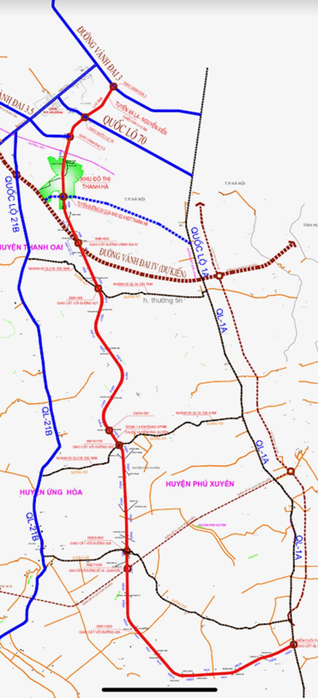 Tuyến đường màu đỏ biểu thị tuyến đường trục Tây Nam đi qua KĐT Mường Thanh Thanh Hà điểm đầu là Xa La Nguyễn Xiển và điểm kết thúc kết nối với tuyến cao tốc Pháp Vân - Cầu Giẽ đoạn Cầu Giẽ