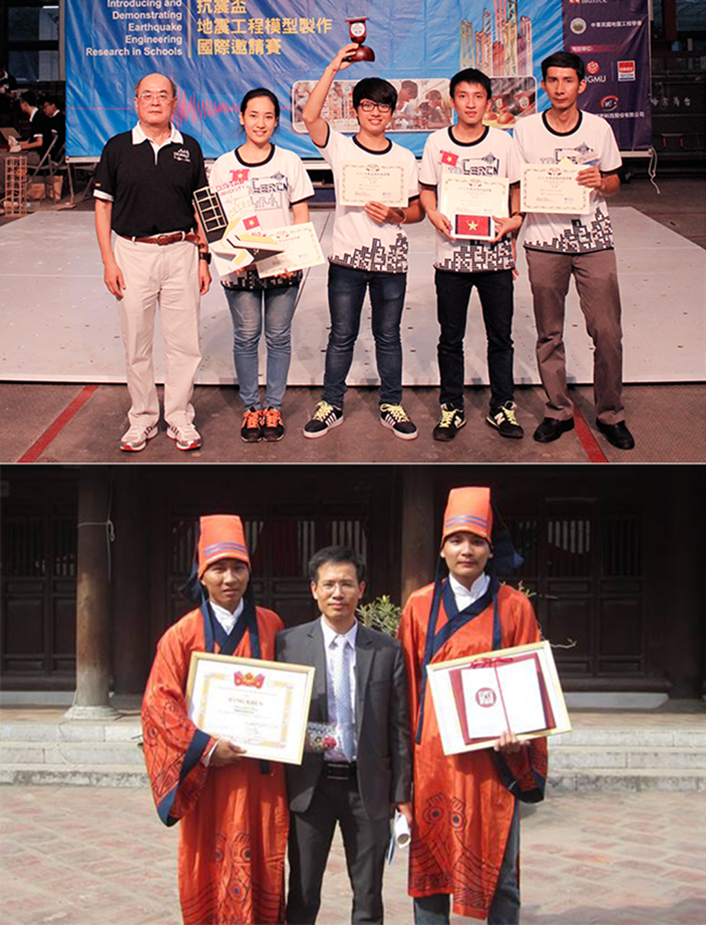 Sinh viên Duy Tân với Cup Vô địch IDEERS châu Á - Thái Bình Dương (ảnh trên) và nhận Giải thưởng Loa thành (ảnh dưới)