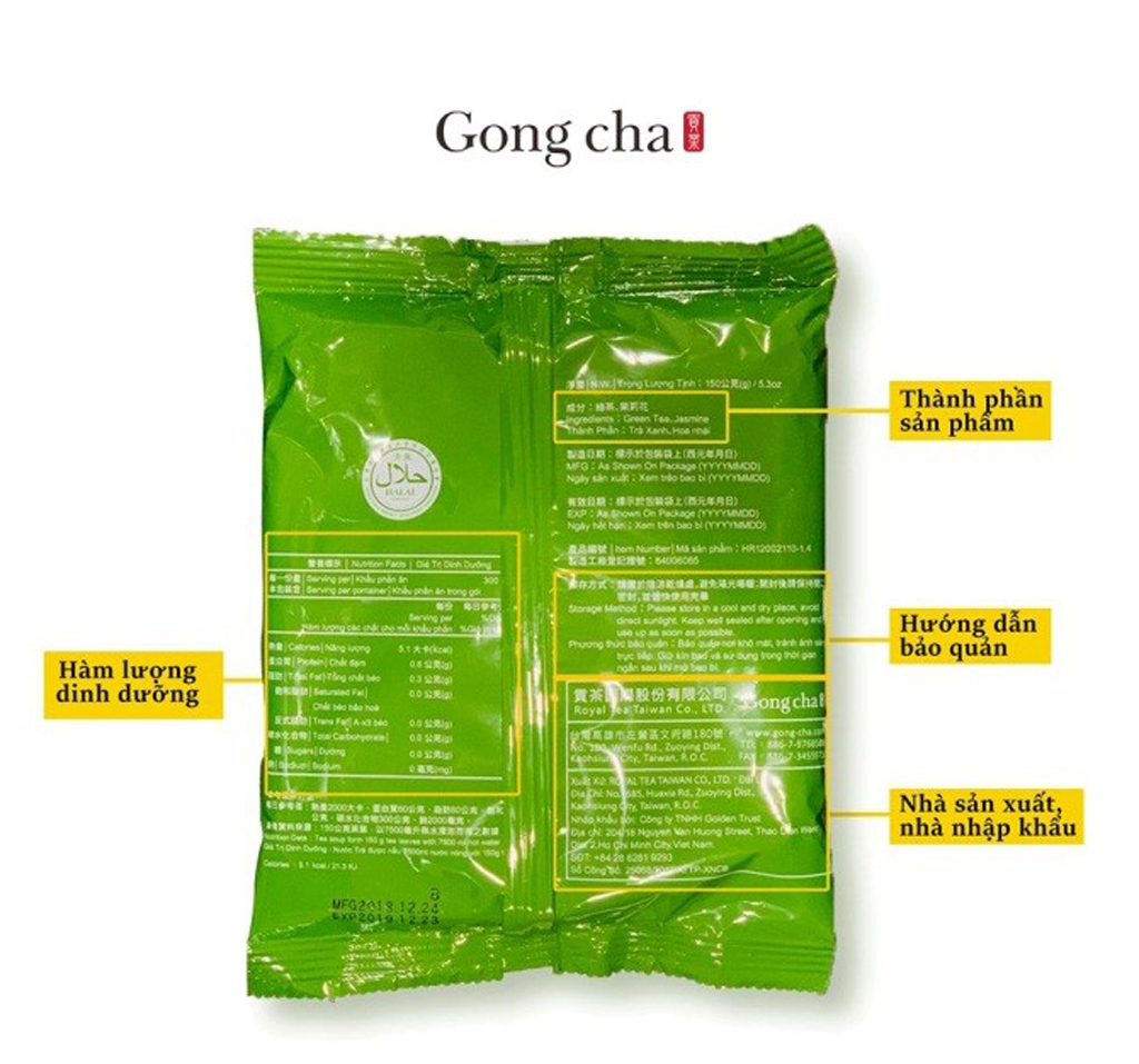 Một mẫu sản phẩm trà của Gong Cha có đầy đủ nhãn mác bằng tiếng Việt