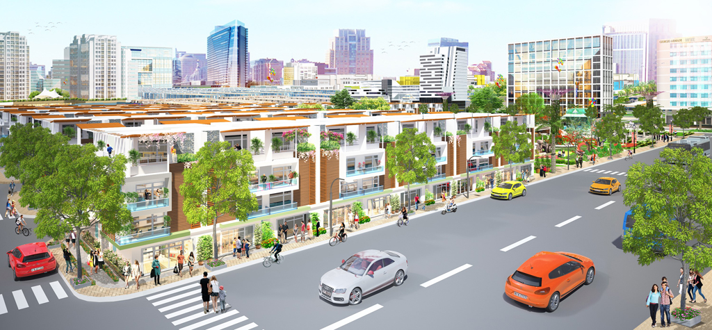 Phối cảnh một dãy phố thương mại sầm uất nằm trong dự án Eco Town Long Thành