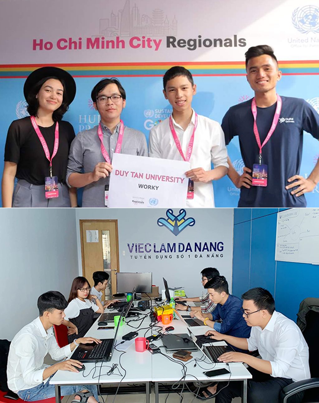 Nhóm sinh viên Duy Tân nằm trong Top 7 giải thưởng Khởi nghiệp HULT Prize Đông Nam Á 2019 (ảnh trên) và sinh viên Tạ Linh (đầu tiên bên phải - ảnh dưới) đang làm việc cùng nhóm trong dự án khởi nghiệp về việc làm