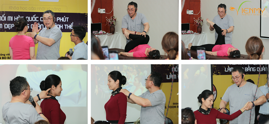 Bác sĩ Kim Kwan Woo thực hiện thao tác điều chỉnh hình thể cho học viên tại buổi học