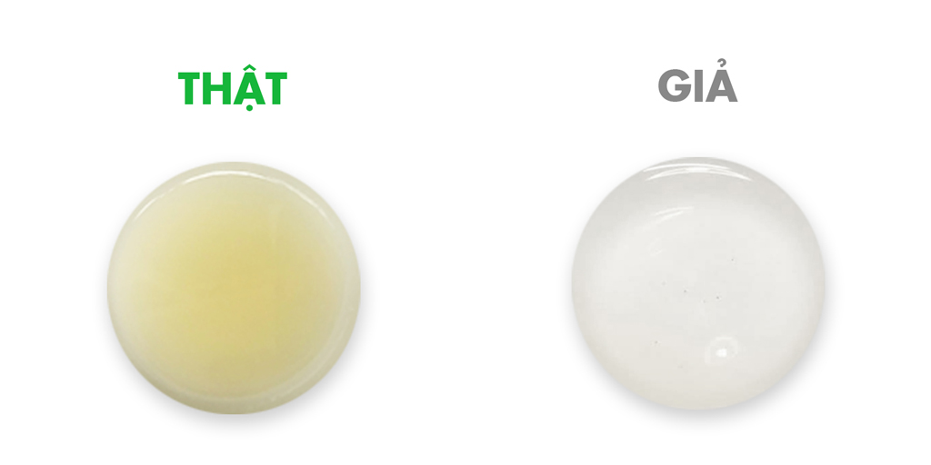 Màu dung dịch Selleys RP7 thật (bên trái) có màu vàng ngà trong khi dung dịch của sản phẩm giả (bên phải) có màu trắng trong