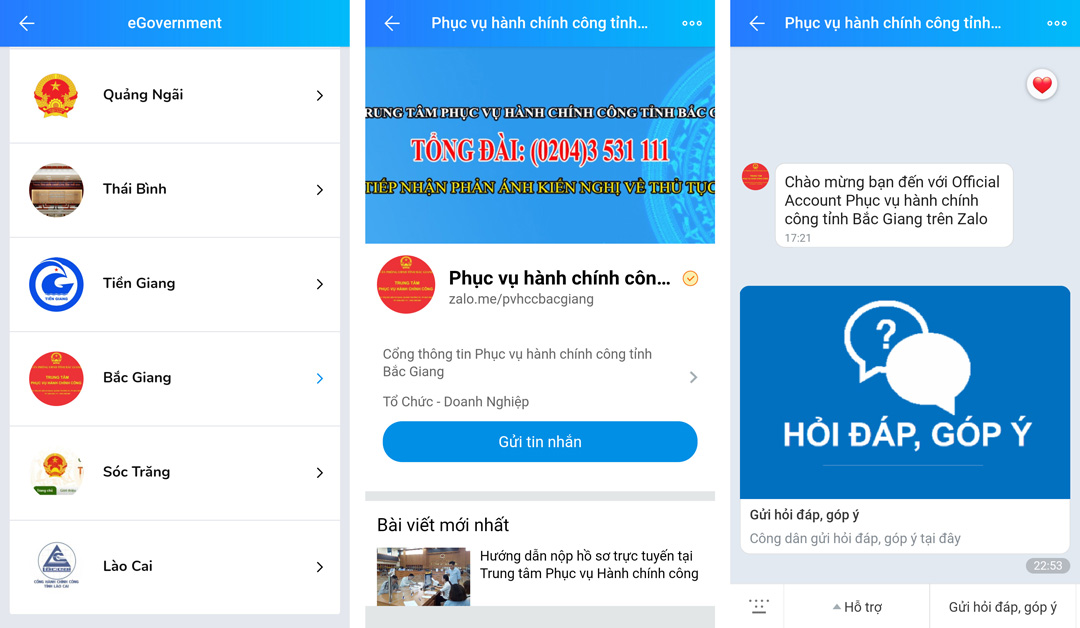 “Phục vụ hành chính công tỉnh Bắc Giang” trên ứng dụng Zalo 
