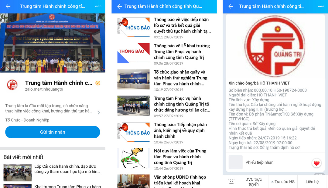 Sau khi bấm “Quan tâm” Trung tâm Hành chính công tỉnh Quảng Trị trên Zalo, người dân và doanh nghiệp có thể nhận thông báo từ chính quyền và tra cứu tình trạng hồ sơ thủ tục hành chính 