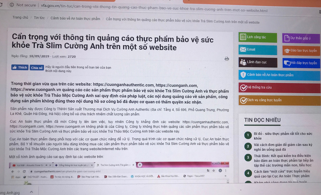  Cục An toàn thực phẩm (ATTP) vừa qua đã phát hiện vi phạm về quảng cáo sản phẩm thực phẩm bảo vệ sức khỏe trên một số website