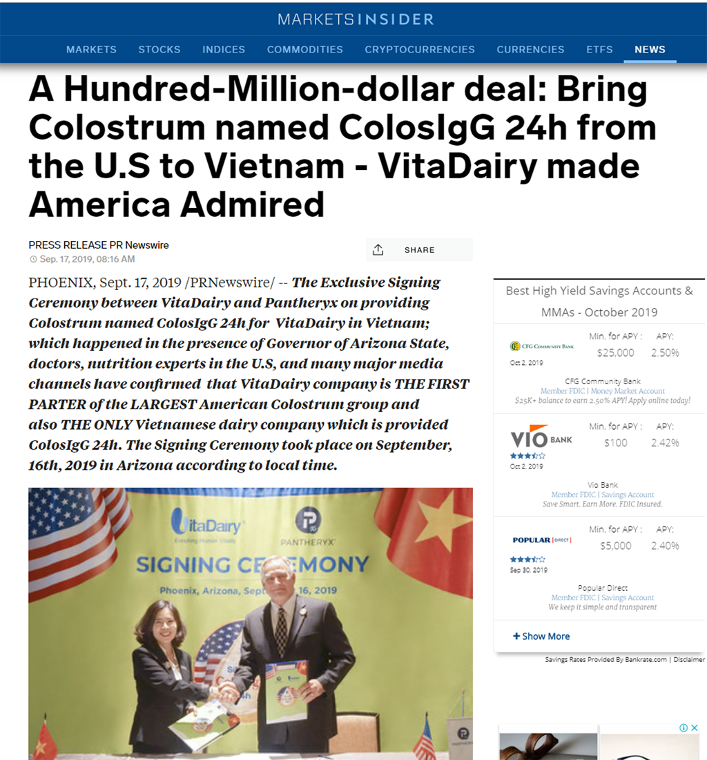 “Một thỏa thuận trị giá hàng trăm triệu đô la: Mang sữa non ColosIgG 24h từ Hoa Kỳ đến Việt Nam - VitaDairy khiến nước Mỹ ngưỡng mộ” Tờ Markets Business insider có tiếng trong giới doanh nhân toàn cầu ưu ái đặt tên tiêu đề của mình