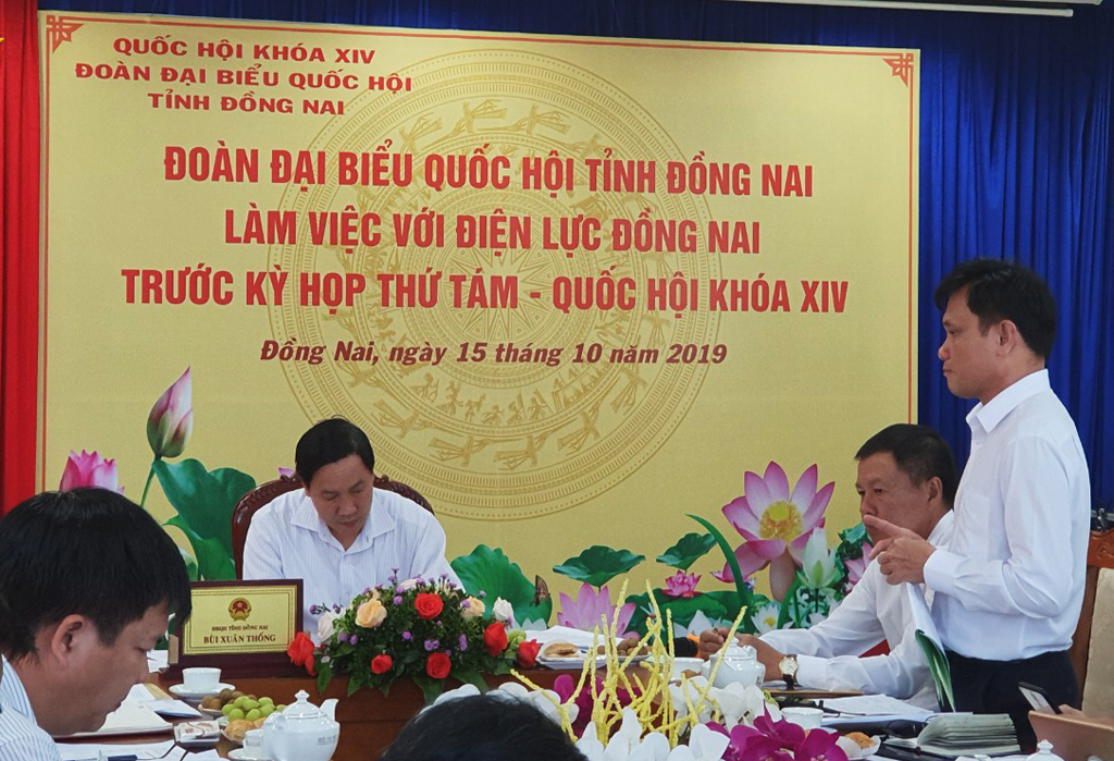 Tổng giám đốc EVN SPC Nguyễn Phước Đức (đứng) báo cáo Đoàn ĐBQH tỉnh Đồng Nai về tình hình phát triển lưới điện trên địa bàn 