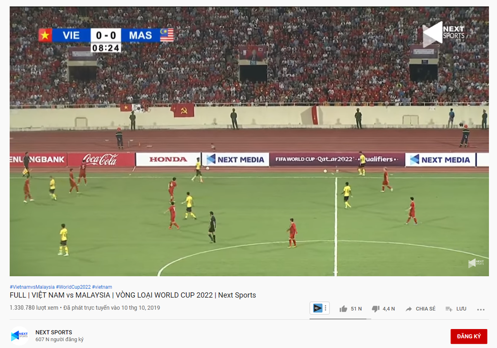 Hình ảnh livestream trang youtube của Next Media- đơn vị giữ bản quyền các trận vòng loại World Cup 2022
