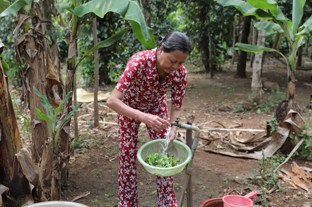 Những khi thiếu nước, cô Nguyễn Thị Mai phải tận dụng lại nước rửa rau để lau nhà
