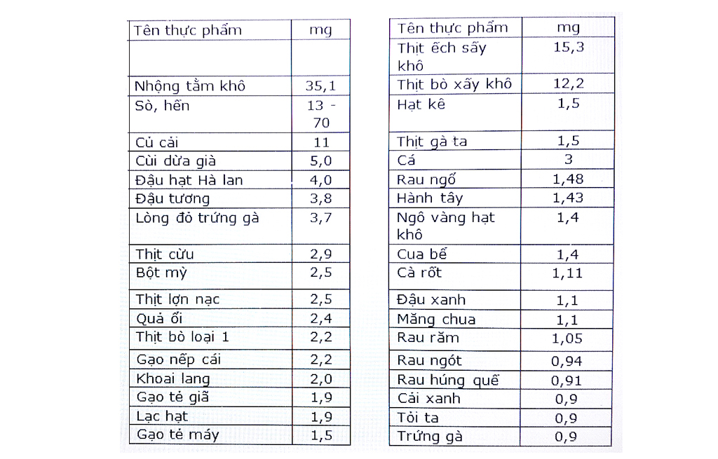 Một số thực phẩm giàu kẽm (Bảng hàm lượng kẽm trong 100 gram thực phẩm)