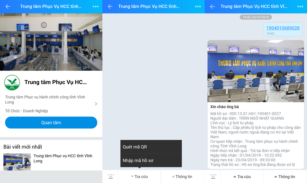 Zalo “Trung tâm Phục vụ HCC tỉnh Vĩnh Long” và kết quả tra cứu tình trạng giải quyết hồ sơ sau khi quét mã QR trên giấy biên nhận