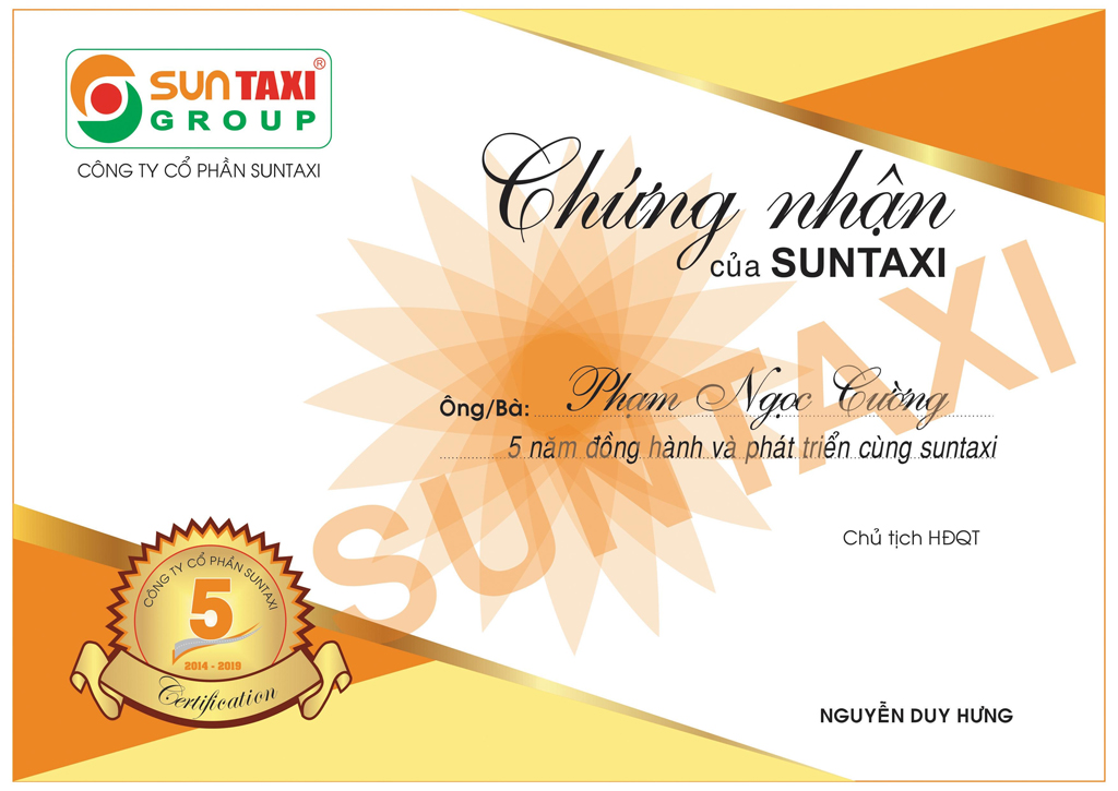 Giấy chứng nhận 5 năm đồng hành cùng Suntaxi