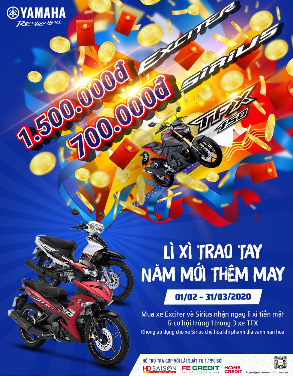 Cơ hội trúng xe máy Yamaha TFX trị giá 72.900.000 VNĐ khi mua Exciter/ Sirius/ Sirius FI