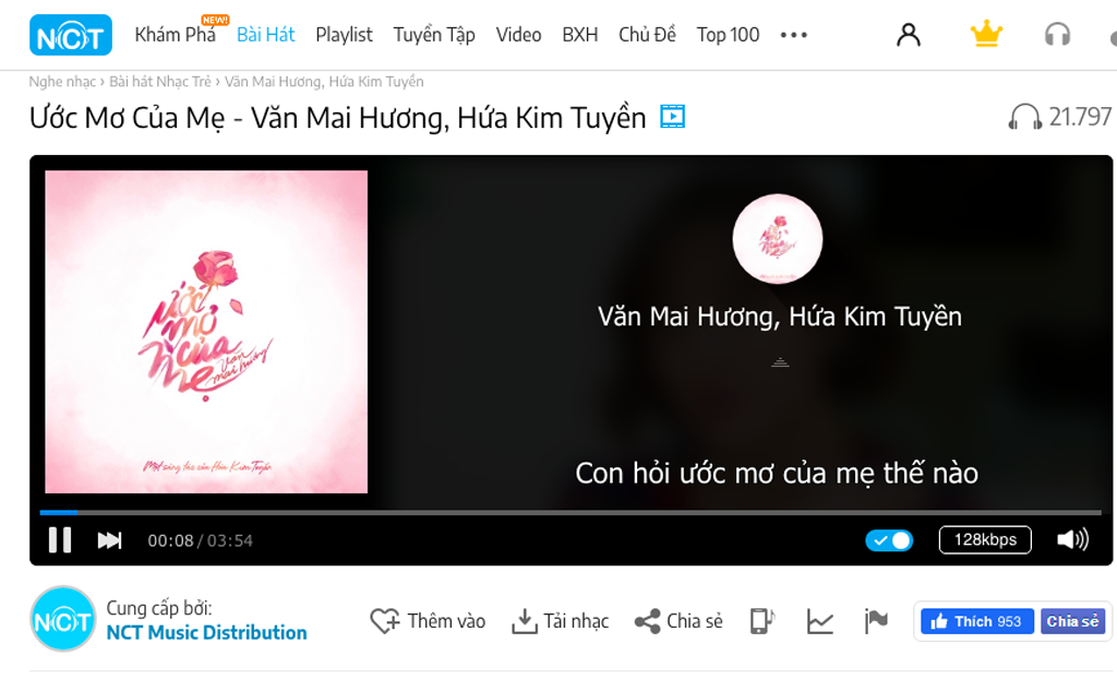 Ca khúc 'Ước mơ của mẹ' trên hệ thống NhacCuaTui  - Ảnh chụp màn hình