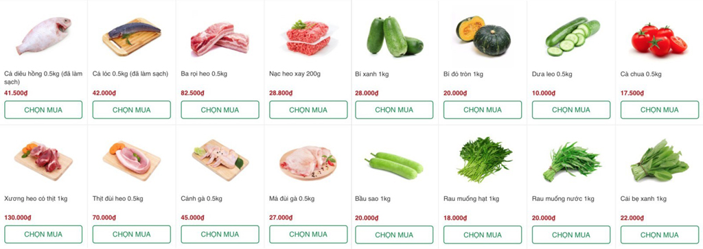 Danh mục thịt cá, rau củ “giá rẻ như chợ” và “không lo thiếu hàng” áp dụng cho dịch vụ đi chợ giùm 