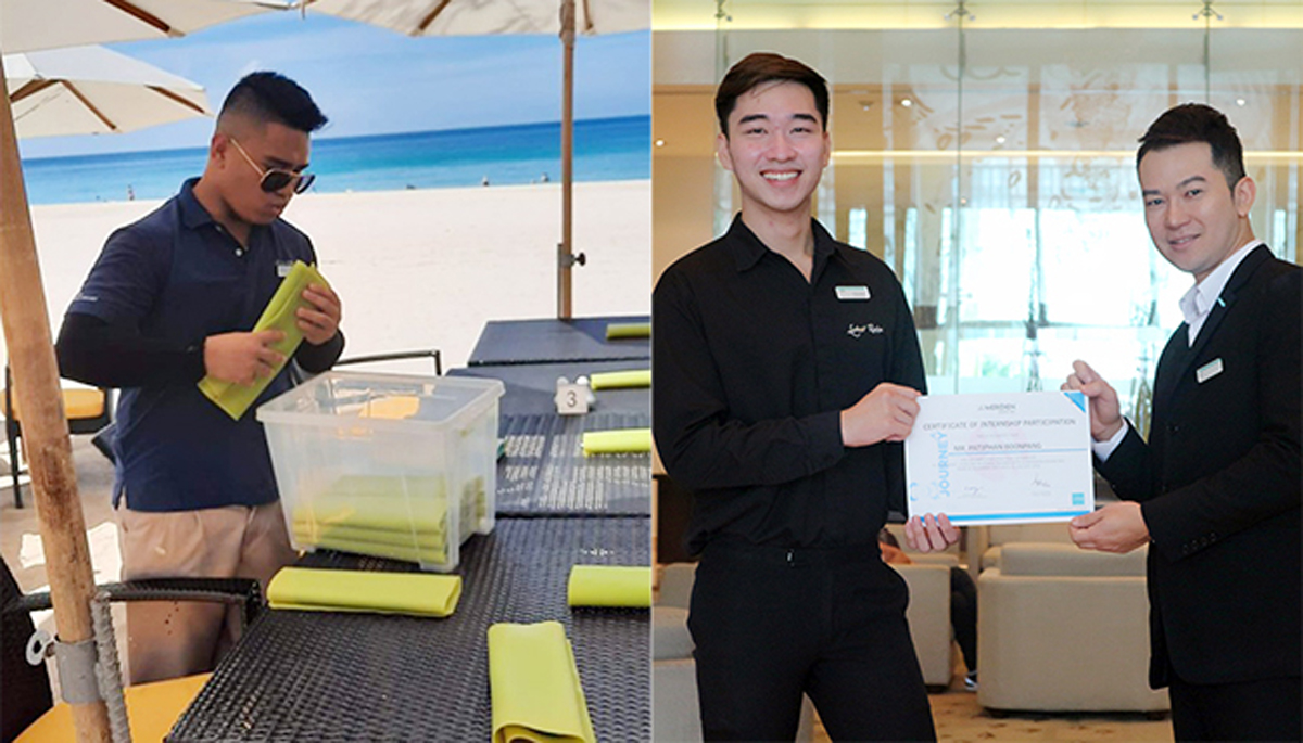 Sinh viên Nguyễn Chí Bão (ảnh trái) thực tập có lương tại Le Méridien Phuket Beach Resort, Thái Lan và Phạm Vũ Phong (đứng giữa của ảnh ghép) trải nghiệm môi trường làm việc đẳng cấp quốc tế tại Le Meridien Chiang Mai