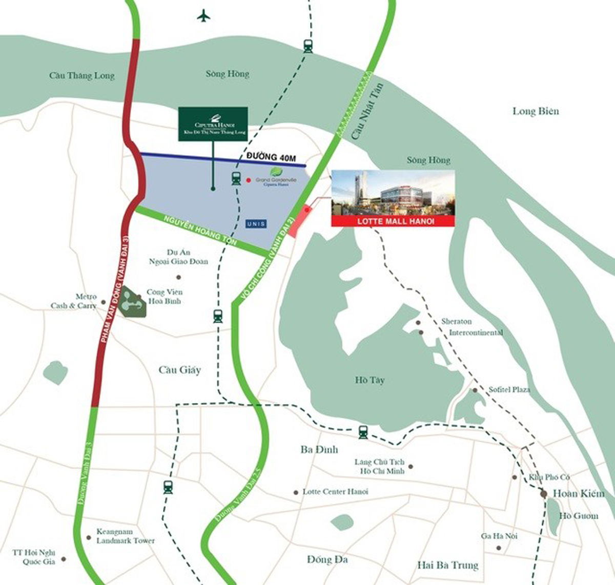 Ciputra Hanoi là một trong những dự án được hưởng lợi trực tiếp khi dự án mở rộng đường Phạm Văn Đồng (vạch đỏ) được hoàn thiện vào quý 4/2020