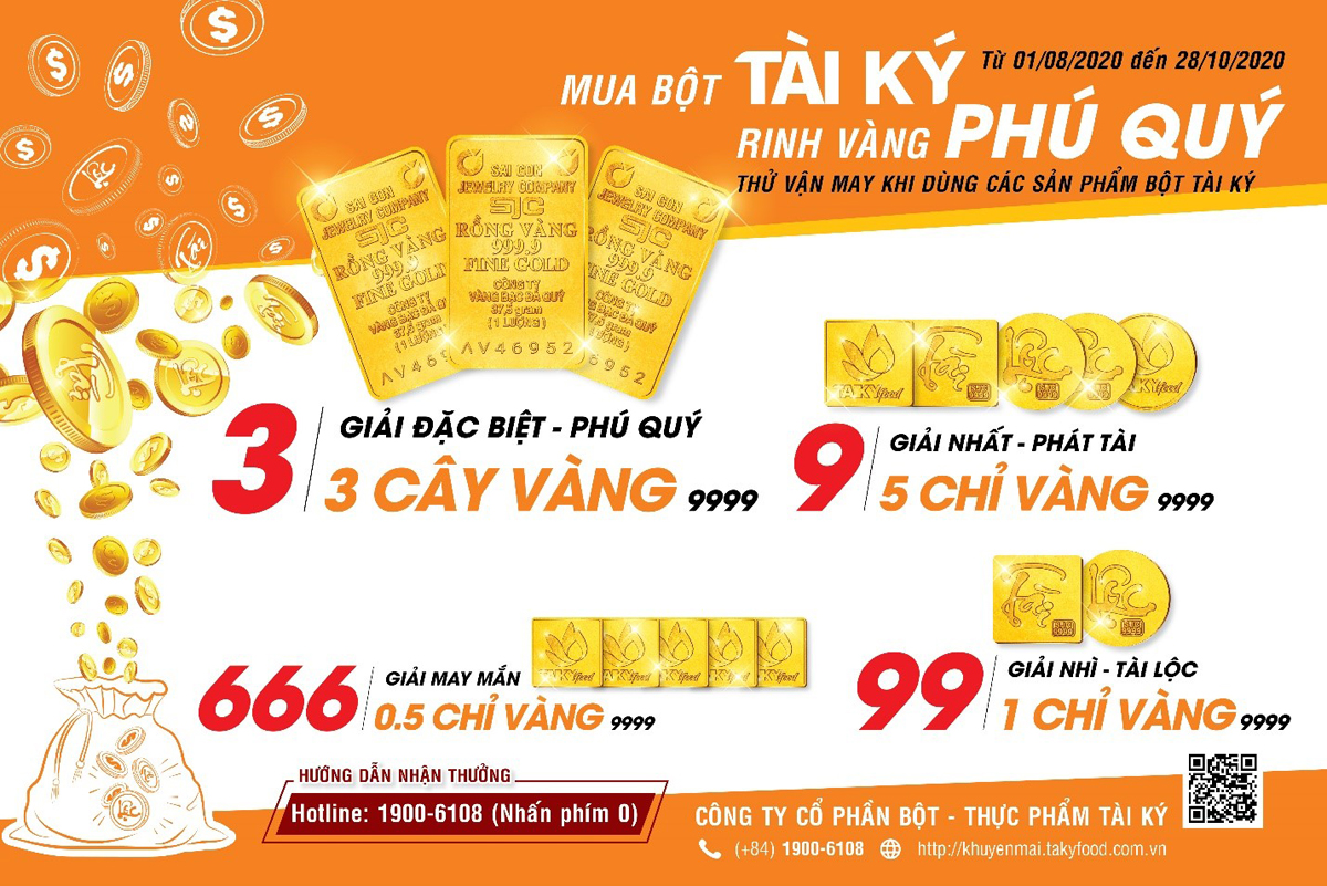 Chương trình Mua bột Tài Ký - Rinh vàng phú quý được tổ chức toàn quốc với rất nhiều giải thưởng hấp dẫn