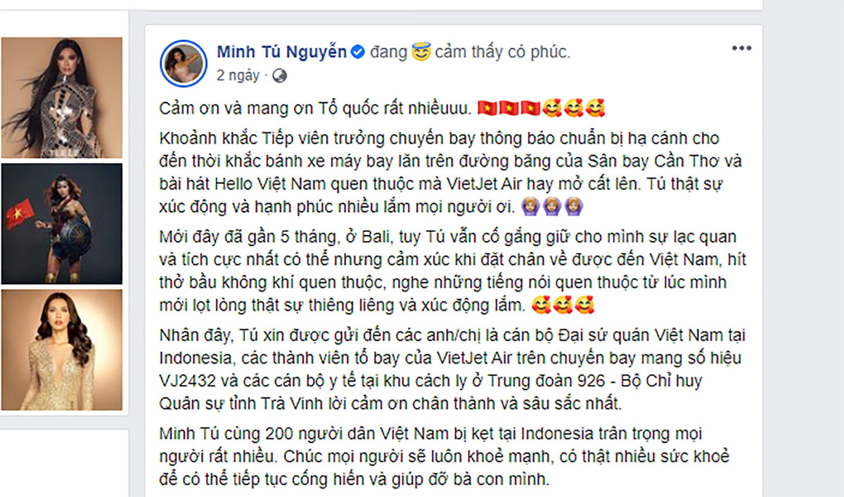 Những dòng tâm sự đầy xúc động trên facebook của người mẫu Minh Tú sau khi trở về nước trên chuyến bay của Vietjet