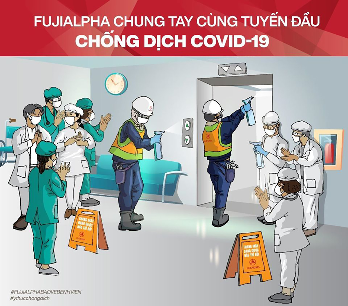 FUJIALPHA triển khai chiến dịch “Chung tay cùng tuyến đầu chống dịch Covid-19”, cung cấp dịch vụ bảo trì sát khuẩn miễn phí cho toàn bộ các bệnh viện trên toàn quốc - Ảnh: Phú Thành