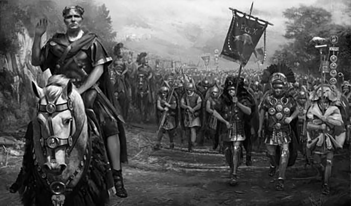 Julius Caesar là một thủ lĩnh đầy khát vọng. Khi còn tham gia quân đội tham chiến tại Gaul (nay là Pháp và Bỉ), ông đánh bại những bộ lạc ở đây, trở thành thủ lĩnh vùng Gaul và xây dựng quân đội để bắt đầu thực hiện các hoạt động quân sự nhằm củng cố vị thế