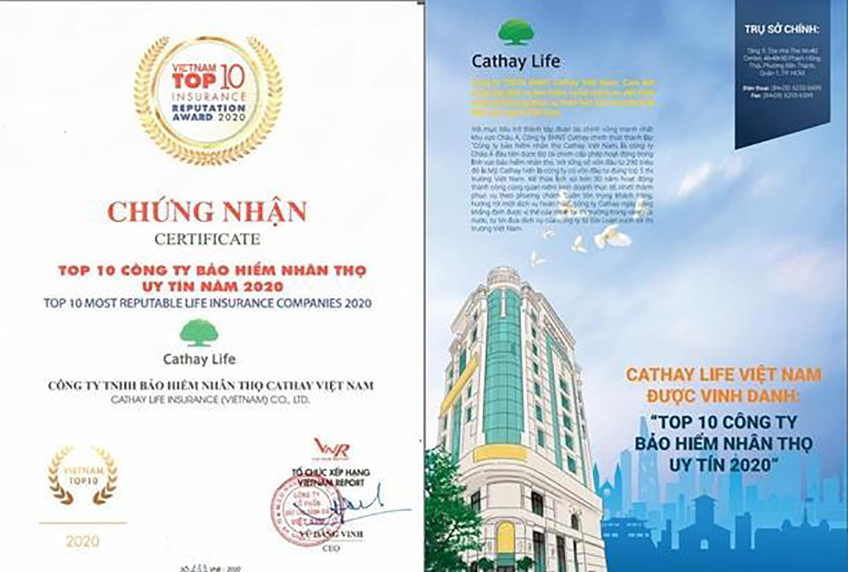 Chứng nhận Top 10 công ty bảo hiếm nhân thọ uy tín 2020