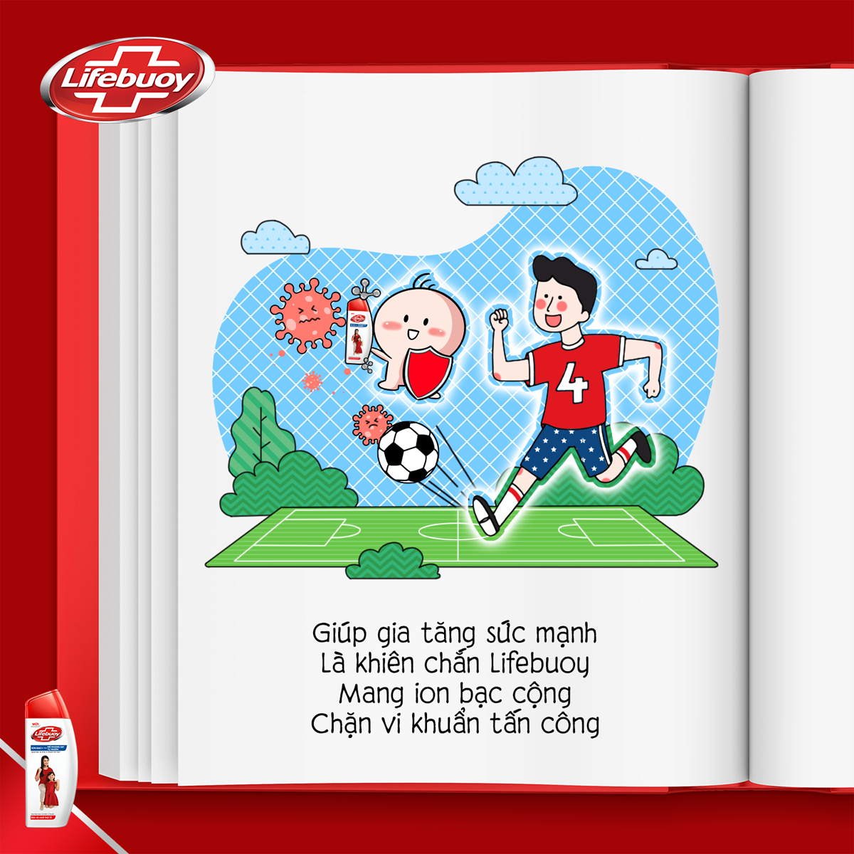 Sữa tắm Lifebuoy chính là khiên chắn vững vàng, cùng với anh hùng đề kháng da bảo vệ bé