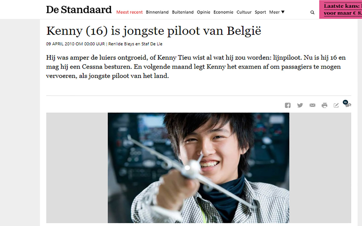  Tờ báo De Standaar (Bỉ) đưa tin khi Kenny Tieu trở thành phi công trẻ nhất Bỉ