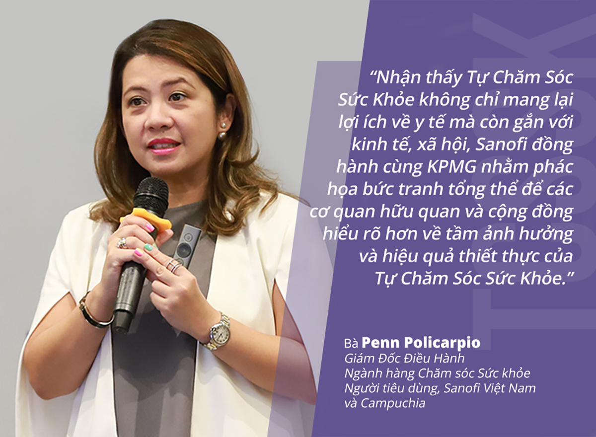 Bà Penn Policarpio - Giám đốc điều hành, Ngành hàng Chăm sóc Sức khỏe Người tiêu dùng tại Việt Nam và Campuchia chia sẻ về động lực để Sanofi đồng hành cùng KPMG thực hiện nghiên cứu độc quyền và đầu tiên về TCSSK tại Việt Nam