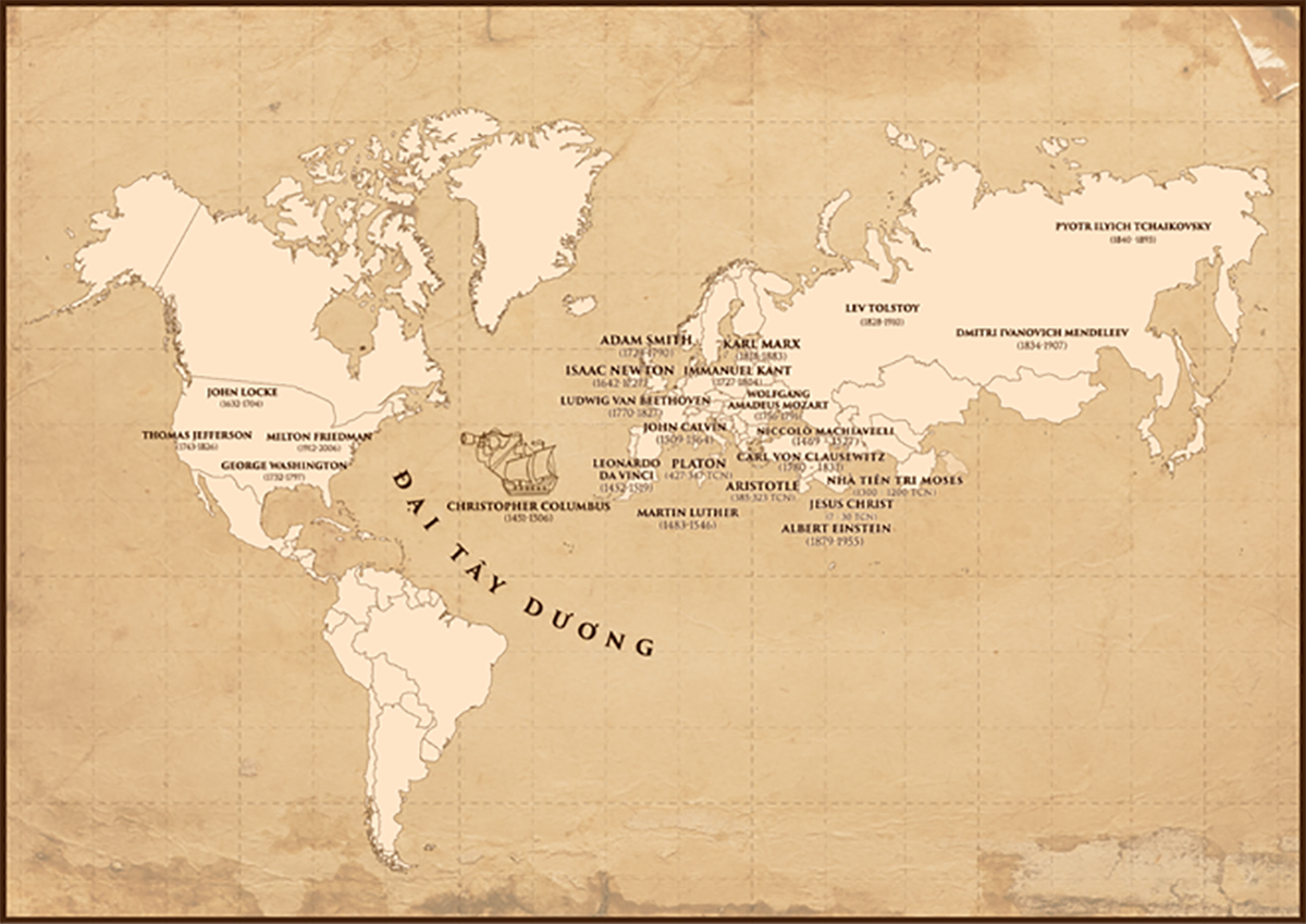 Bản đồ các danh vĩ nhân, các nhà lập thuyết, các nhà khoa học... tiêu biểu trong mọi lĩnh vực của nền văn minh Phương Tây của nhân loại. Trong đó, có nhà thám hiểm Christopher Columbus - người khám phá ra châu Mỹ - một châu lục mới cho loài người, giúp vẽ lại bản đồ thế giới