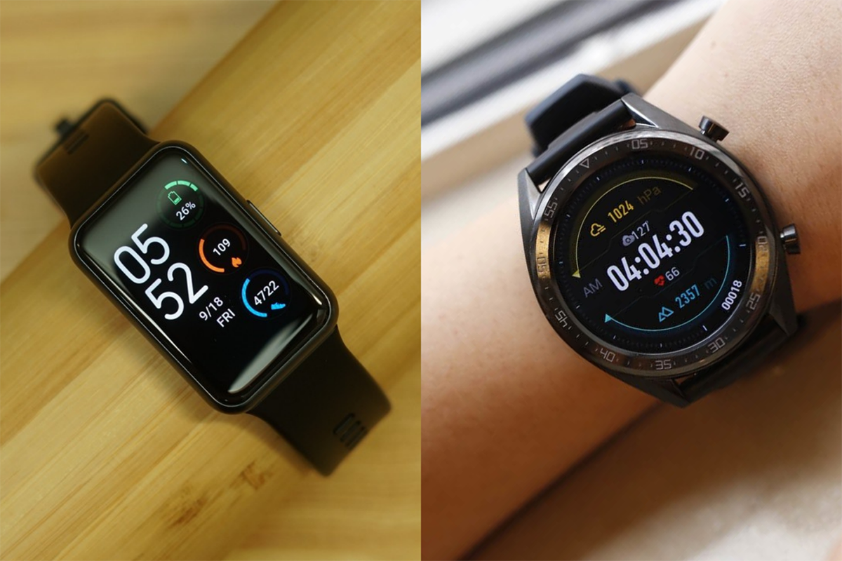 Các thiết bị đeo Huawei có vẻ ngoài thời trang, phù hợp với những người dùng yêu thể thao (bên phải là Watch GT 2, bên trái là Watch Fit)