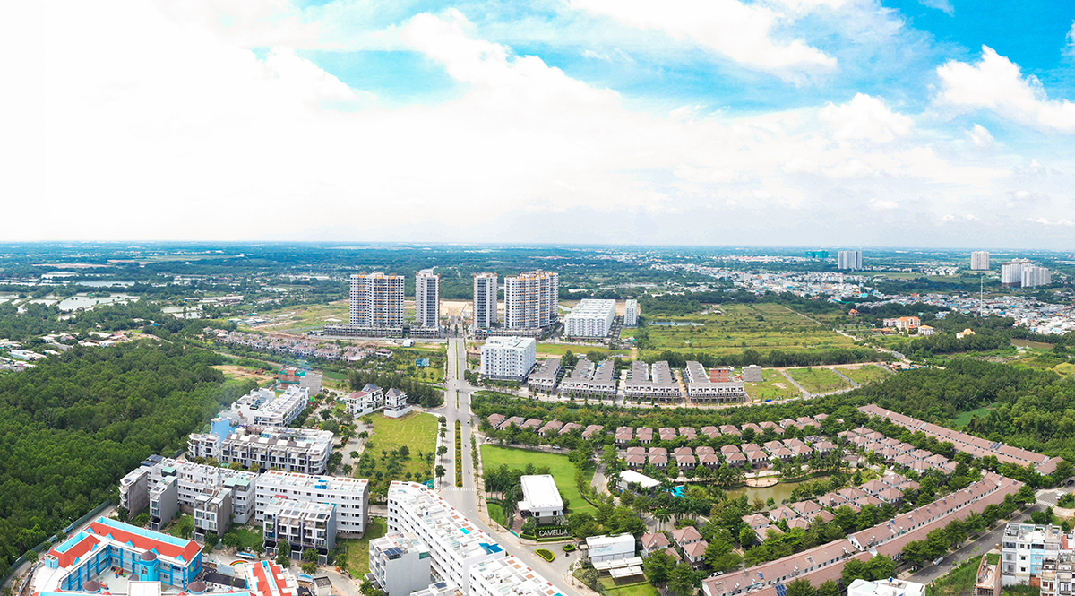 Toàn cảnh khu đô thị Mizuki Park kết nối trực tiếp đại lộ Nguyễn Văn Linh, đã bàn giao giai đoạn 1 