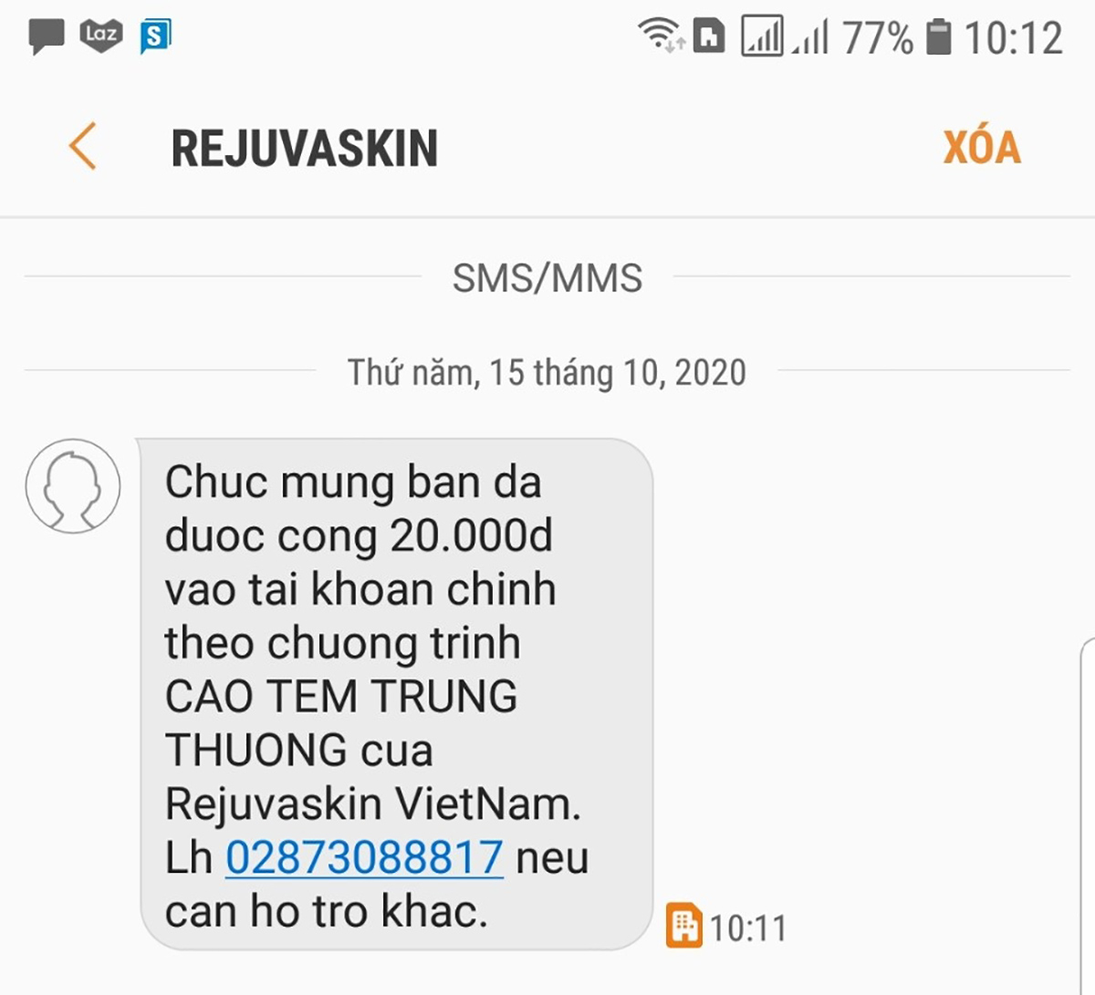 Tin nhắn của Công ty Rejuvaskin Việt Nam trả về thông báo trúng thưởng