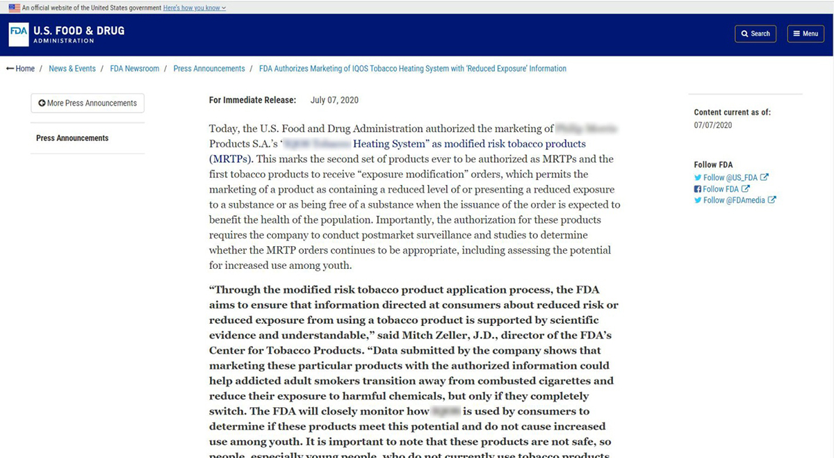 FDA có biện pháp quản lý phù hợp khác nhau đối cho các sản phẩm thuốc lá có vị trí khác nhau trên chuỗi nguy cơ