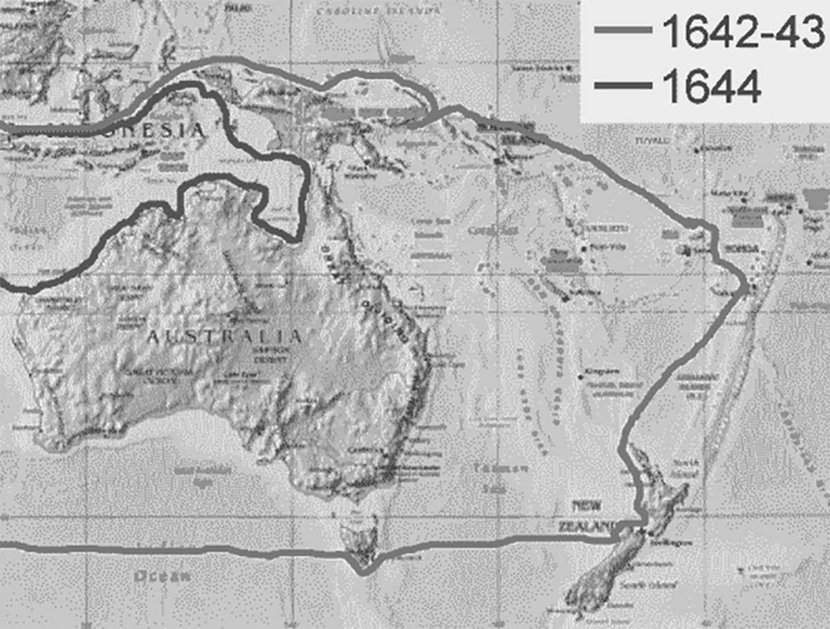 Lộ trình của Abel Tasman năm 1642 và 1644 tại New Holland (Úc) dưới danh nghĩa Công ty Đông Ấn Hà Lan
