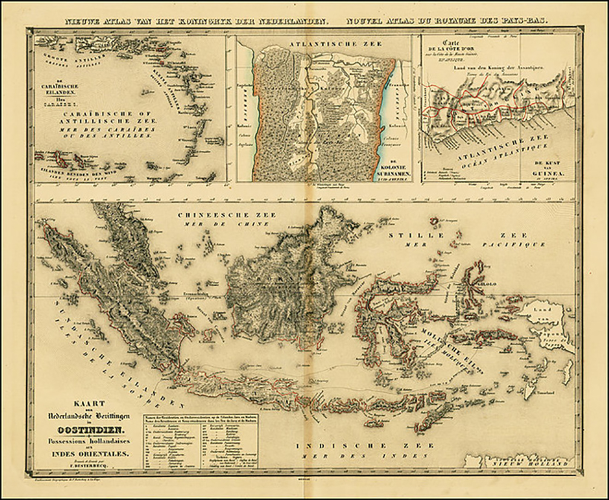 Bản đồ các tài sản thuộc địa của Hà Lan vào khoảng năm 1840. Bao gồm Đông Ấn Hà Lan, Curaçao và các đảo phụ cận, Suriname và Bờ biển vàng Hà Lan