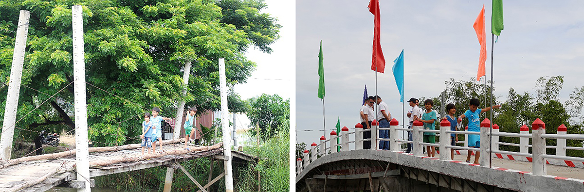 Chiếc cầu cũ bên cạnh chiếc cầu mới vững chãi và an toàn hơn tại xã Bình Tấn, huyện Bình Thành, tỉnh Đồng Tháp trong ngày khánh thành