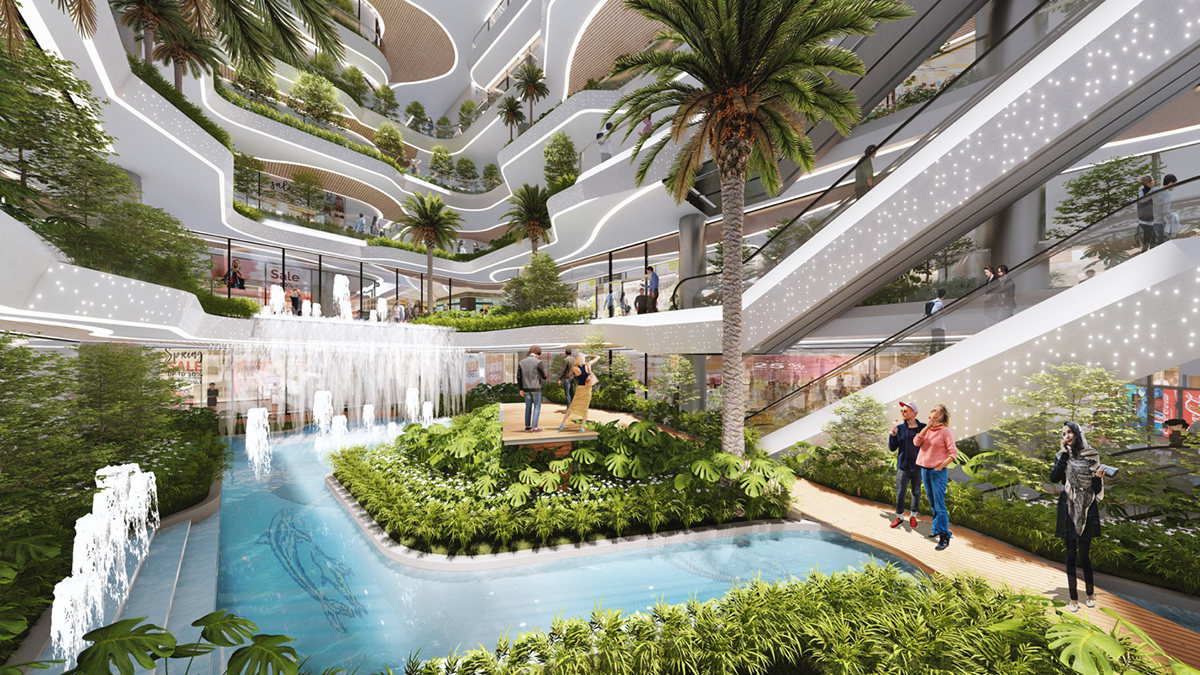 Dự án phức hợp King Crown Infinity kết hợp giữa trung tâm thương mại, phố đi bộ trong nhà và khu căn hộ trong một tổng thể sinh thái xanh. Ảnh phối cảnh: BCG Land