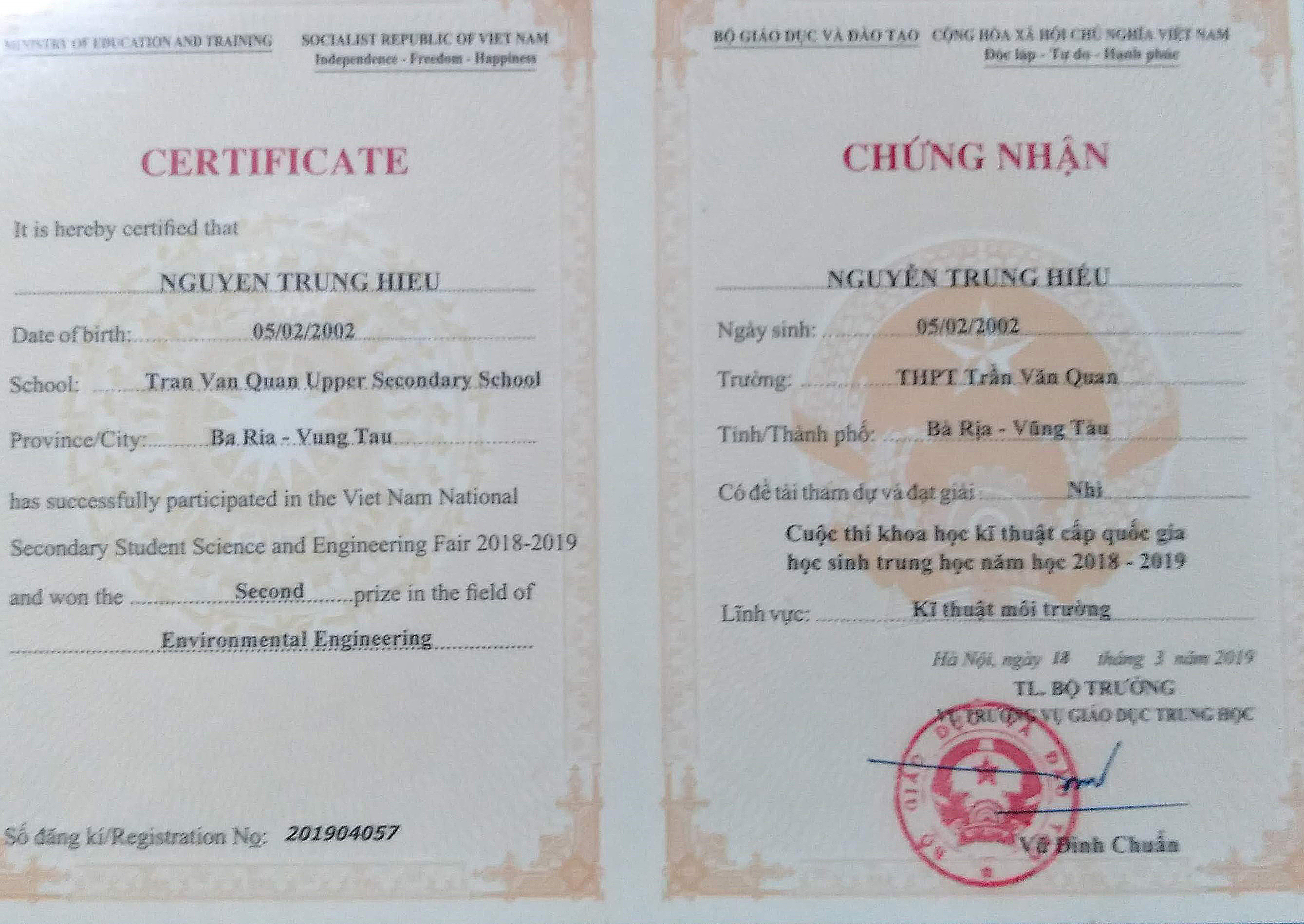 Giấy chứng nhận đoạt giải nhì của Nguyễn Trung Hiếu