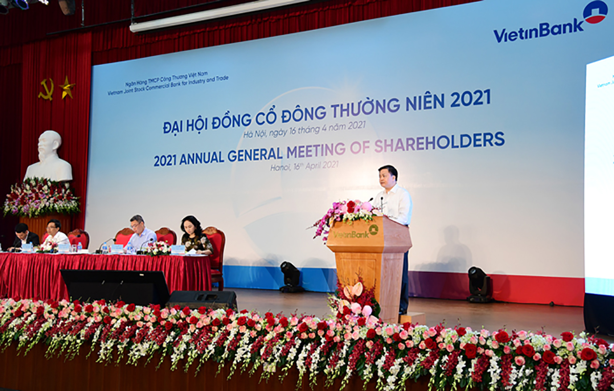Ông Lê Đức Thọ - Ủy viên BCH Trung ương Đảng, Bí thư Đảng ủy, Chủ tịch HĐQT VietinBank phát biểu tại ĐHĐCĐ 2021 vừa diễn ra