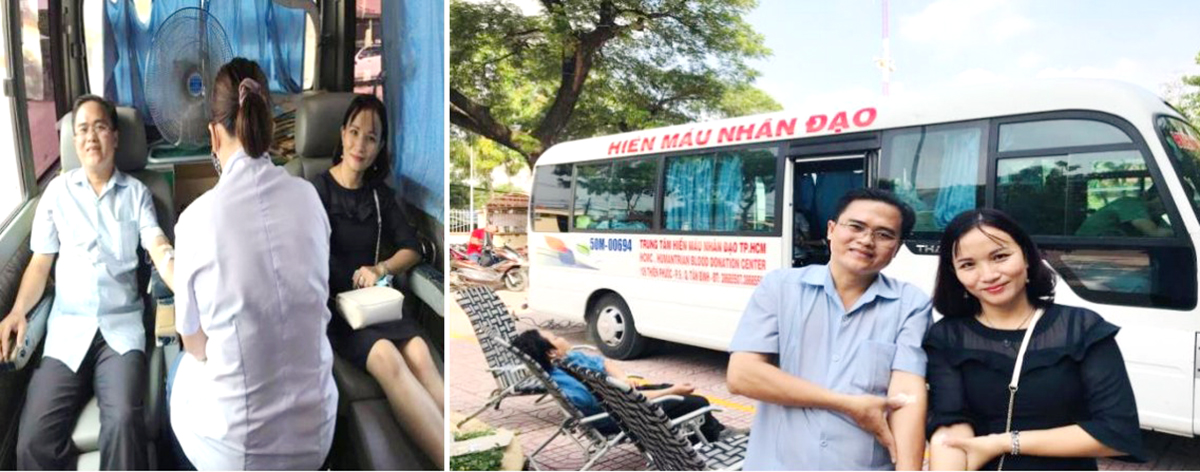 Vợ chồng ông Cao Thanh Bình trong một lần tham gia hiến máu tình nguyện