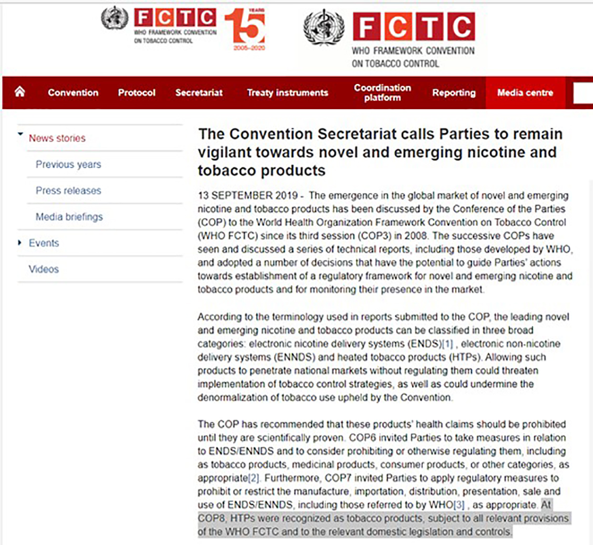 Công ước khung Kiểm soát thuốc lá nhắc lại thuốc lá làm nóng là sản phẩm thuốc lá tại COP8